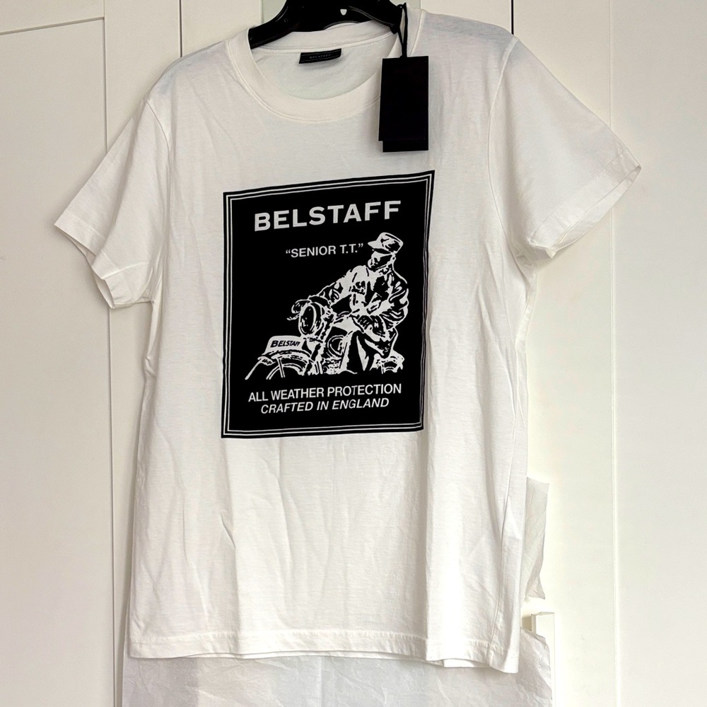 Belstaff men’s White cotton T-Shirt with Black Graphic size large brand new